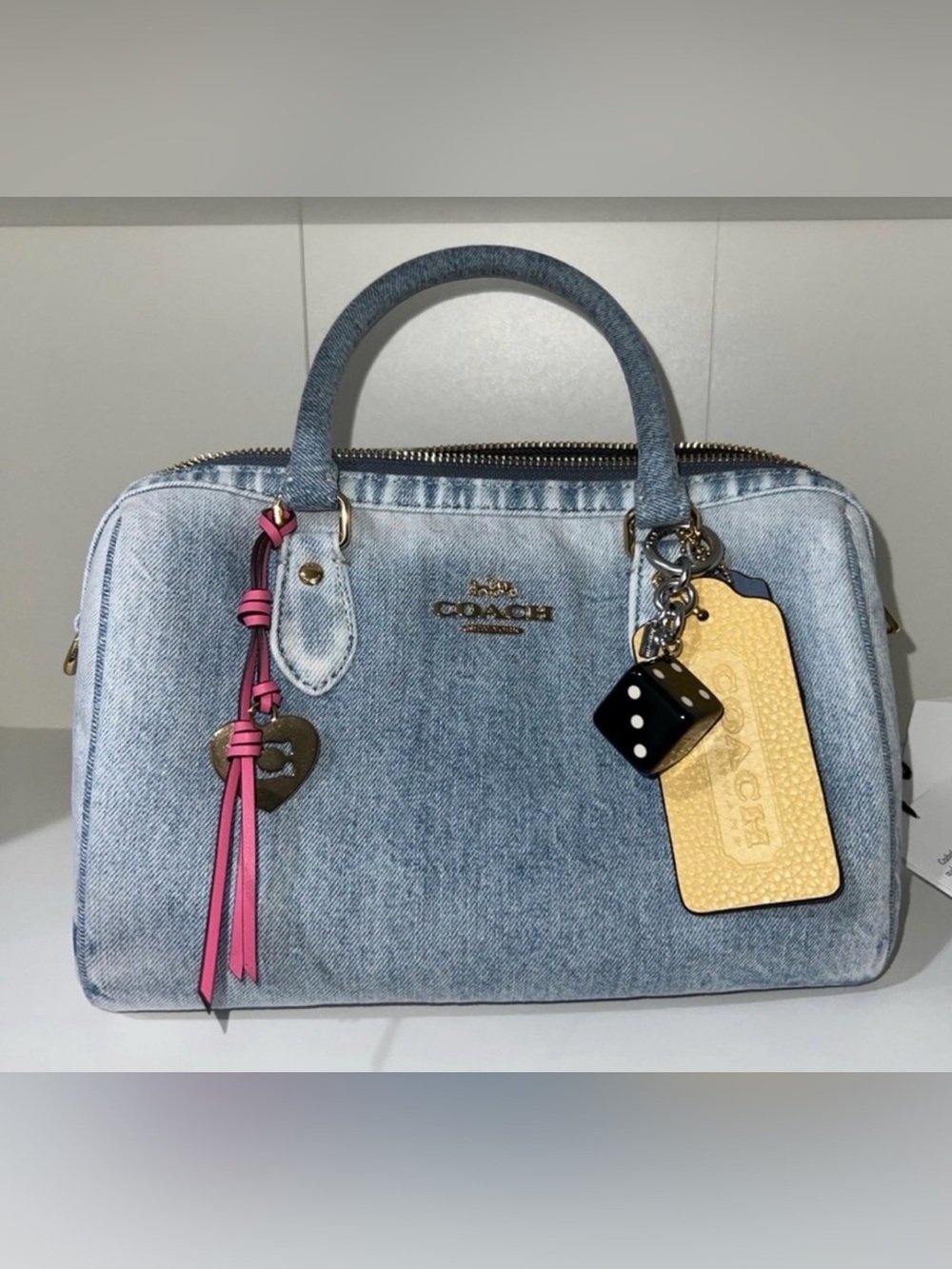 COACH Light Blue Denim Satchel with Pink Tassel & Yellow Tag